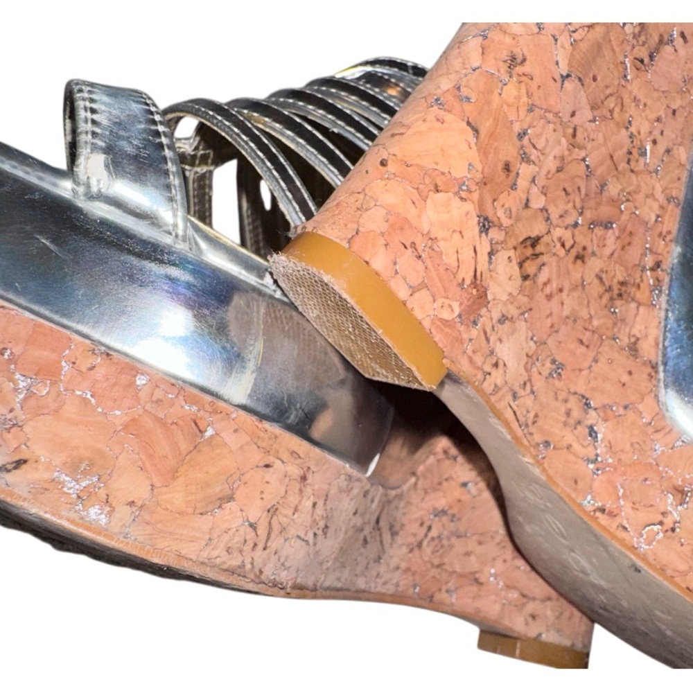BEBE SILVER platform Carmelo wedges women’s cork heels shoes size 10 - Picture 16 of 17